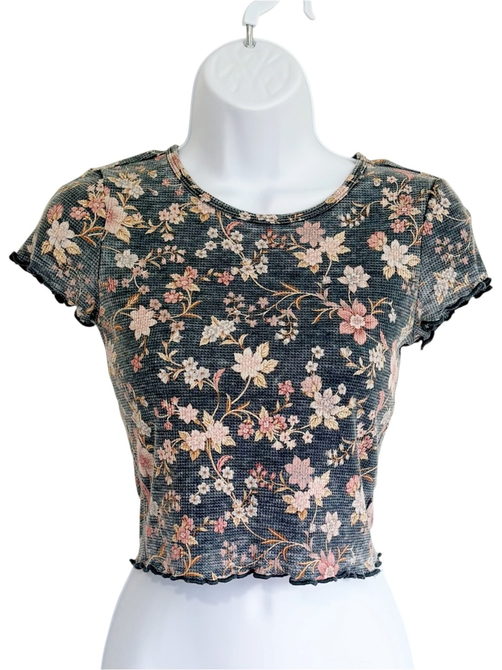 AMERICAN EAGLE Floral Baby Tee XS Navy Waffle Knit Cropped Y2K Fitted Top